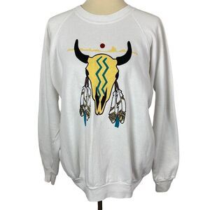 VTG (XL) Crewneck Sweatshirt - White Southwestern Bull Skull Unique Yellow Hip